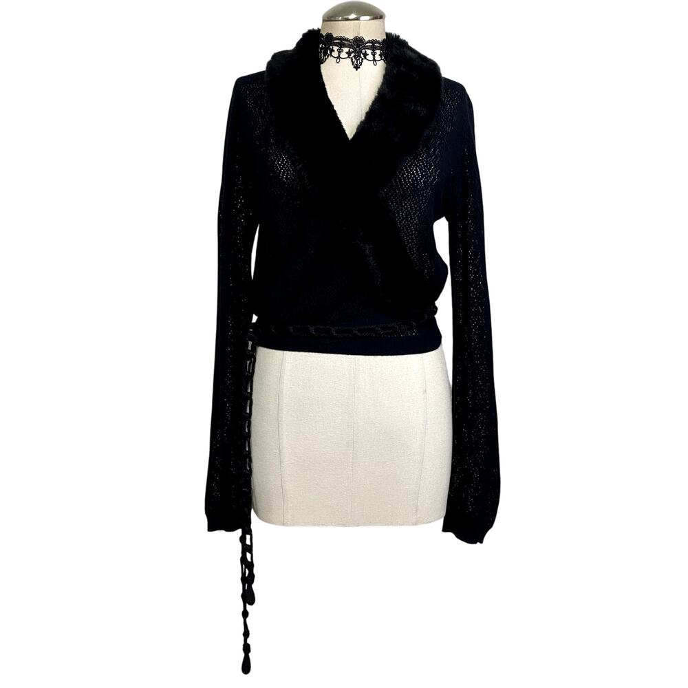 Moda International Black Faux Fur Collar Wrap Sweater Cardigan